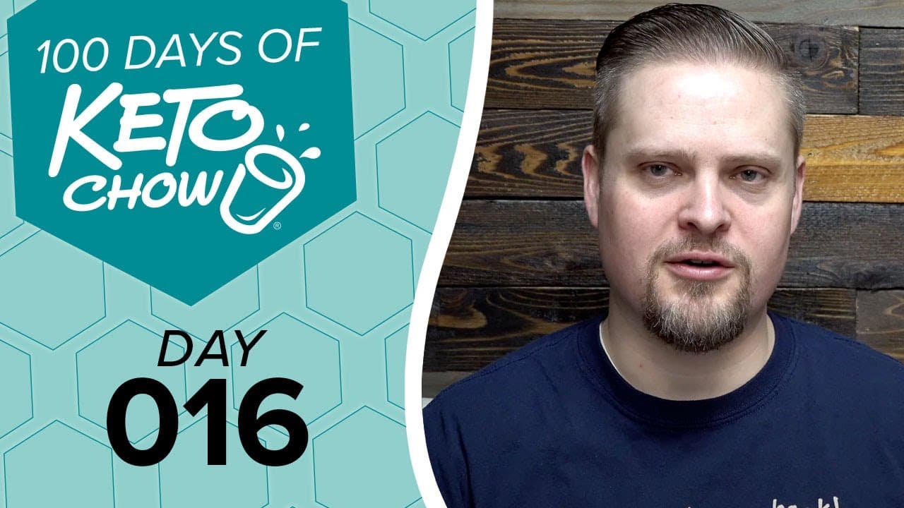 KETO CHOW brand graphic with 100 DAYS OF KETO CHOW text, a shaker bottle logo, and DAY 016. Teal and light blue hexagonal pattern background.