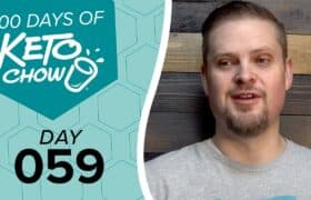 KETO CHOW logo, with text 100 DAYS OF and DAY 059, on a teal hexagon background. A man with a beard is on the right.