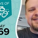 Split image. Left: Teal hexagonal graphic with white Keto Chow logo and text 100 DAYS OF KETO CHOW, DAY 069. Right: Smiling man with a beard.