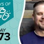 Teal KETO CHOW graphic: 100 DAYS OF KETO CHOW text, blender bottle logo, DAY 073. Smiling bearded man in blue shirt to the right.