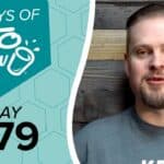 Graphic title 100 DAYS OF KETO CHOW with shaker icon on teal background, showing Day 079. Right side features a man in a grey t-shirt with a KETO logo, against a wooden wall.