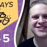 Keto Chow graphic: 42 DAYS OF KETO CHOW on yellow, DAY 5 on purple honeycomb. Smiling man on right.