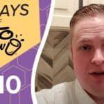 Video thumbnail with KETO CHOW branding. Left: Yellow graphic 42 DAYS OF KETO CHOW, shaker logo. Purple section DAY 10 with hex pattern. Right: Man in white shirt.
