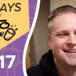 KETO CHOW logo and text 42 DAYS OF KETO CHOW, DAY 17, on a yellow and purple hexagonal background. A smiling man is on the right.