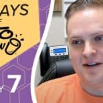 Keto Chow promotional graphic with the brand logo and text 42 DAYS OF KETO CHOW and DAY 7. The design features yellow and purple honeycomb patterns. A man in an orange shirt is on the right.