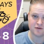 Graphic shows 42 DAYS OF KETO CHOW with a cup logo and DAY 8 text on yellow and purple background. A man with light hair and blue eyes looks at the camera.
