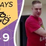 Graphic for KETO CHOW, 42 DAYS and DAY 9. Yellow and purple with a cup logo. A man in a red shirt is on the right.