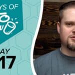 Branded teal graphic for 100 DAYS OF KETO CHOW featuring the shaker bottle logo and DAY 017. A man with a goatee in a grey shirt appears on the right against a dark wood panel background.