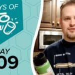 Teal graphic with white KETO CHOW logo and text 100 DAYS OF KETO CHOW, DAY 009. A man holds a light green insulated bottle and wears a t-shirt with a bullet diagram.