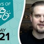 Keto Chow branding. White 100 DAYS OF KETO CHOW text and cup logo on dark teal. DAY 021 in black on light teal hexagonal pattern.