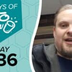 Teal graphic: 100 DAYS OF KETO CHOW with blender cup logo, text DAY 036. Right, a man speaking, wearing a gray jacket.