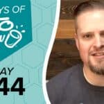 Keto Chow brand graphic. 100 DAYS OF KETO CHOW text with shaker cup logo on teal honeycomb background. Text DAY 044. Man on right.