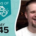 KETO CHOW graphic 100 DAYS OF KETO CHOW, DAY 045, with cup and splash logo on teal hexagon background. A smiling man is on the right.