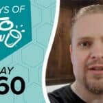 Teal and light teal graphic with white text 100 DAYS OF KETO CHOW and a shaker bottle logo, plus black text DAY 060, beside a man with a beard.