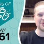 Keto Chow graphic on teal hexagonal background, displaying 100 DAYS OF KETO CHOW, a white cup logo, and DAY 061. A man is visible on the right.