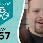 Teal and white graphic with 100 DAYS OF KETO CHOW branding and DAY 067 text. A man with a beard appears on the right.