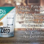 White and teal Keto Chow Zero stand-up pouch for Mega-Ultra-Super-DeDuper-Zero Carb Meal Replacement Shake Mix, displaying 0.0g Net Carbs, a glass of water, and a blue water splash graphic. The pouch features the KETO CHOW logo with make keto easy and v2.5.0. Net Wt. 13 oz (372g) and www.ketochow.xyz are visible. Overlaying the background are white text claims: Vegan, Paleo, Keto, Organic, Non-GMO, Fat Free, Sugar Free, All Natural, Gluten Free, No Sweeteners, No Flavors, No Calories, No Colorings. Smaller text at the bottom indicates it is Keto Chow Electrolyte Drops in a fake bag and mentions Happy April 1st.