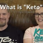 Black t-shirt with white KETO branding, and a pink t-shirt with turquoise KETO Chow make keto easy branding. Overlay text reads: What is Keto?