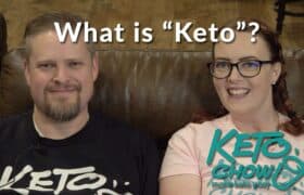 Black t-shirt with white KETO branding, and a pink t-shirt with turquoise KETO Chow make keto easy branding. Overlay text reads: What is Keto?