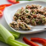 Close up -Tuna salad on a white plate with some on a fork. Plate is surrounded by celery stalks, green onions, and red pepper slices.