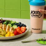healthy plate of food and a Keto Chow in a BlenderBottle