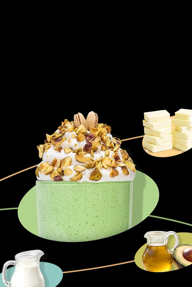 A pistachio Keto Chow shake, heavy cream, avocado oil, and butter.
