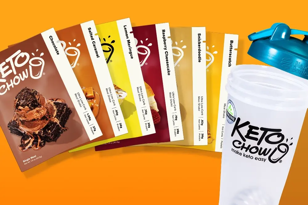 A blender bottle and 6 Keto Chow single meal packets on an orange background.