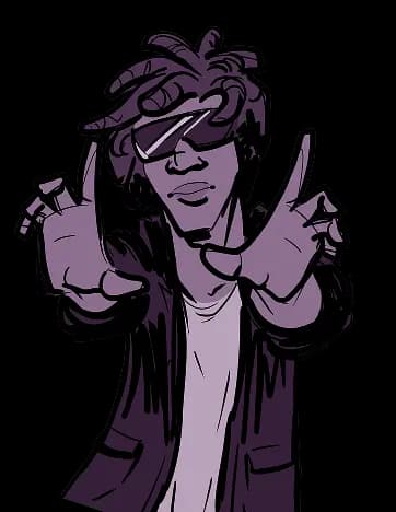 An illustration of a man with sunglasses with his hands reaching towards the viewer.