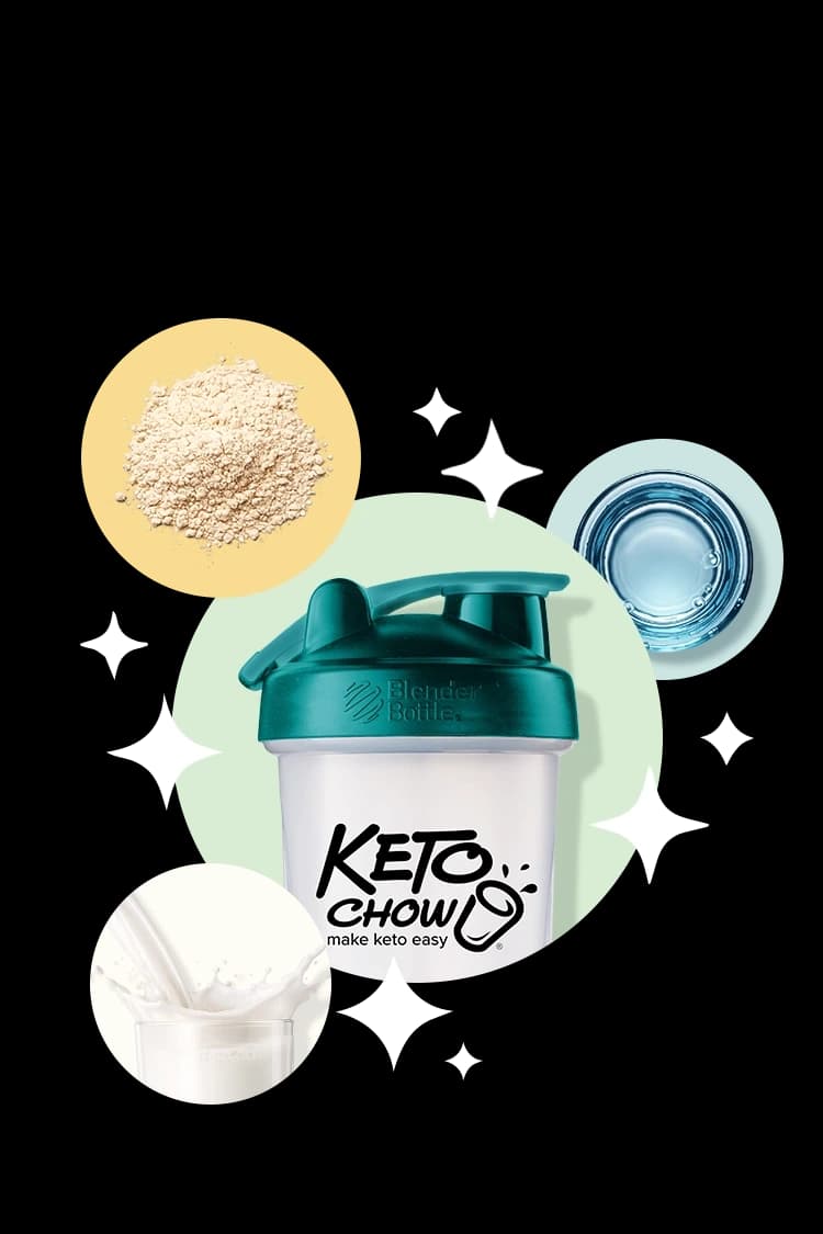 A blender bottle, milk, Keto Chow powder, and water.