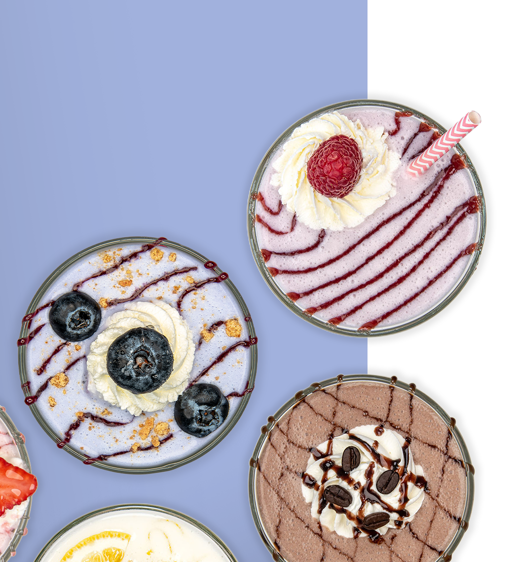 Several shakes seen from top down on a blue background
