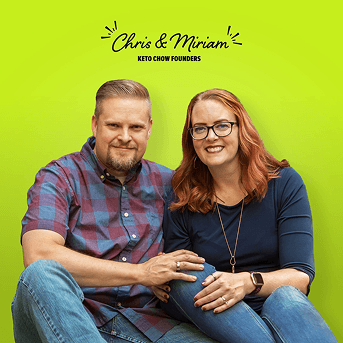 Chris & Miriam, Keto Chow Founders, pose on a green background.