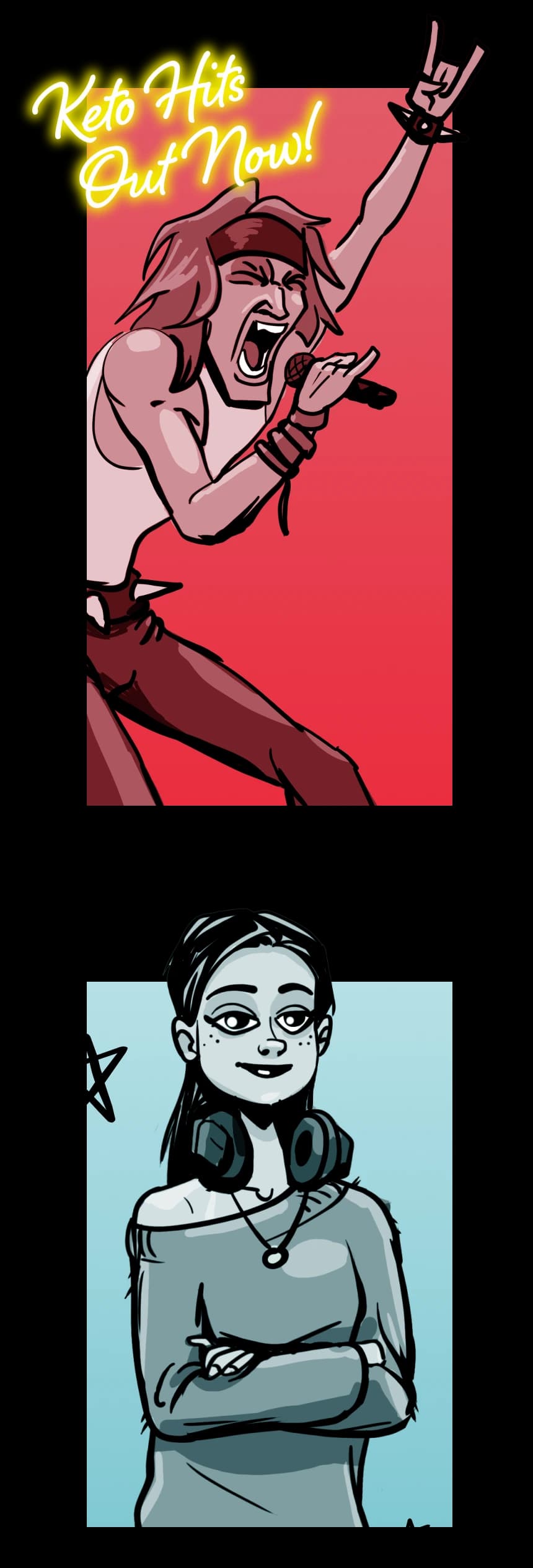 Illustrations of a man and woman posing on colored backgrounds.