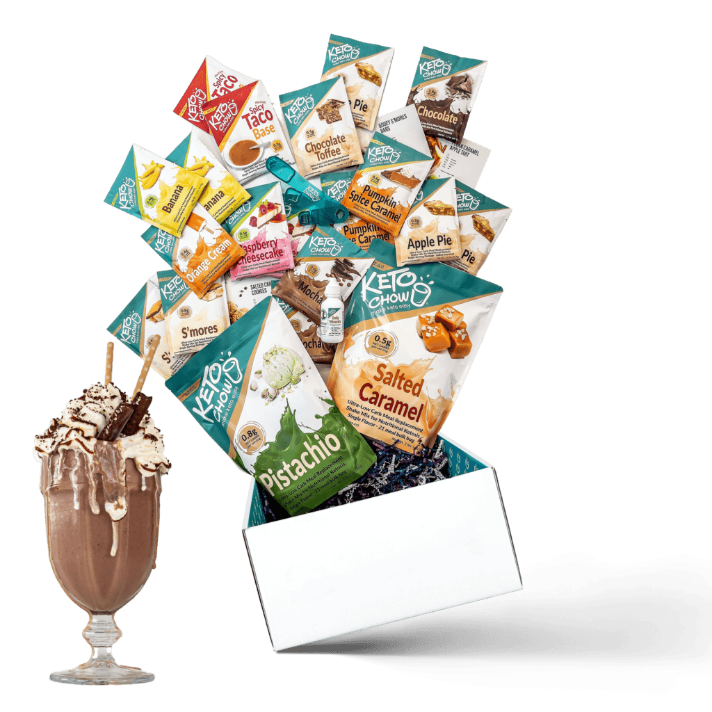 picture of a milkshake and a box of keto chow products bursting out of a box on the right