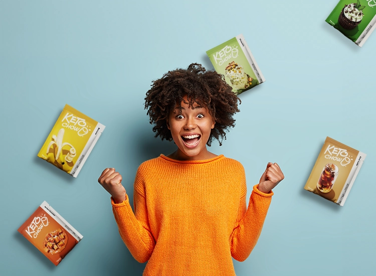 an excited woman surrounded by Keto Chow