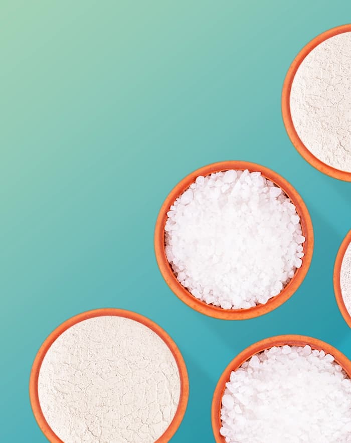 Overhead view of bowls of white granular material