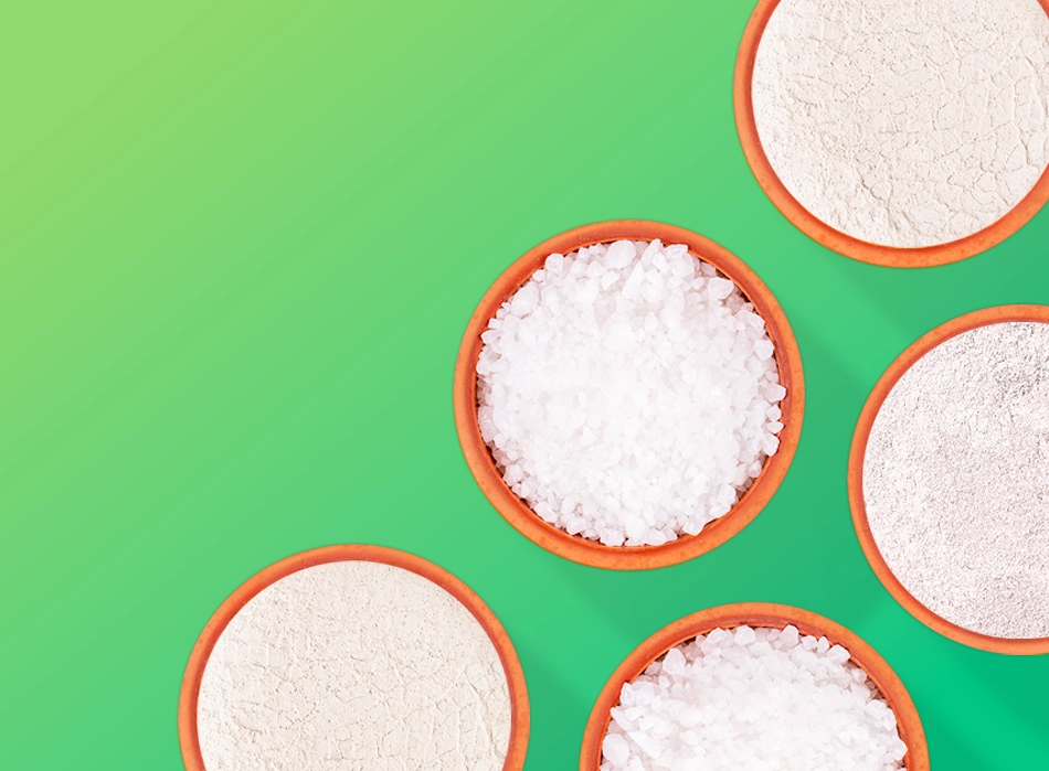 Overhead view of bowls of white granular material