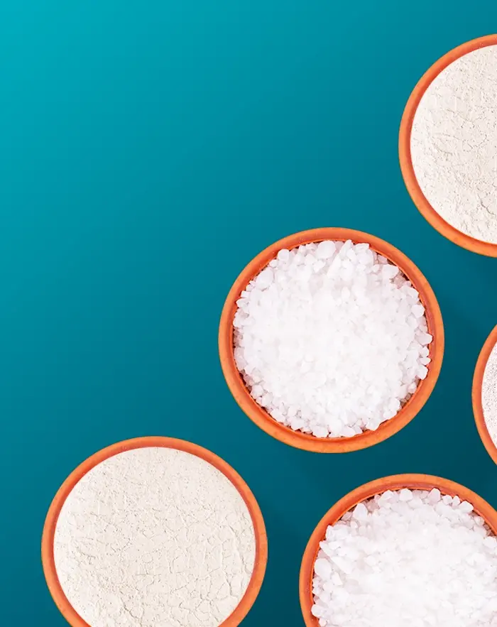 Overhead view of bowls of white granular material