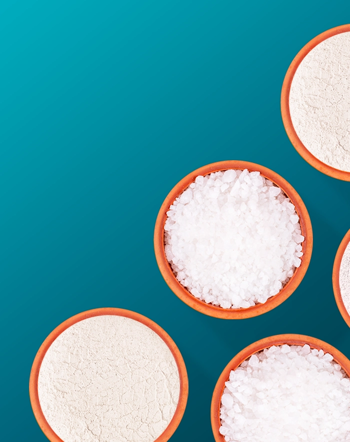 Overhead view of bowls of white granular material