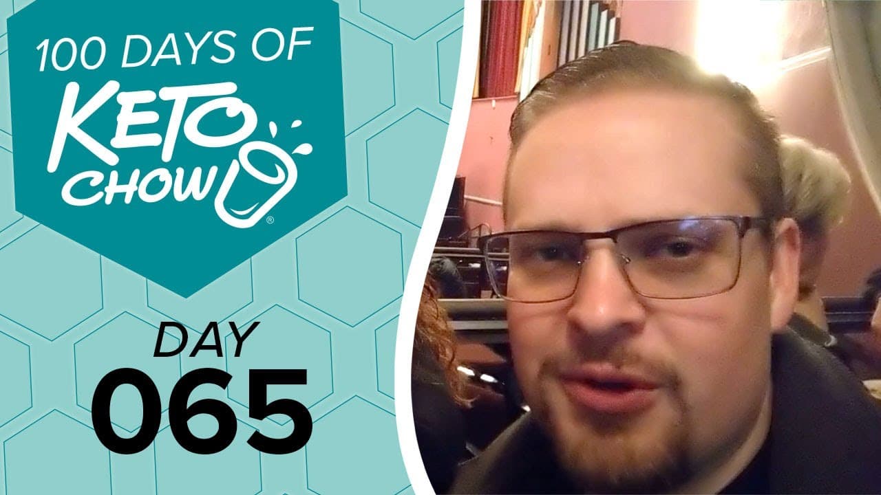 Teal and white graphic 100 DAYS OF KETO CHOW with blender logo, displaying DAY 065. Next to it, a man with glasses and a beard.