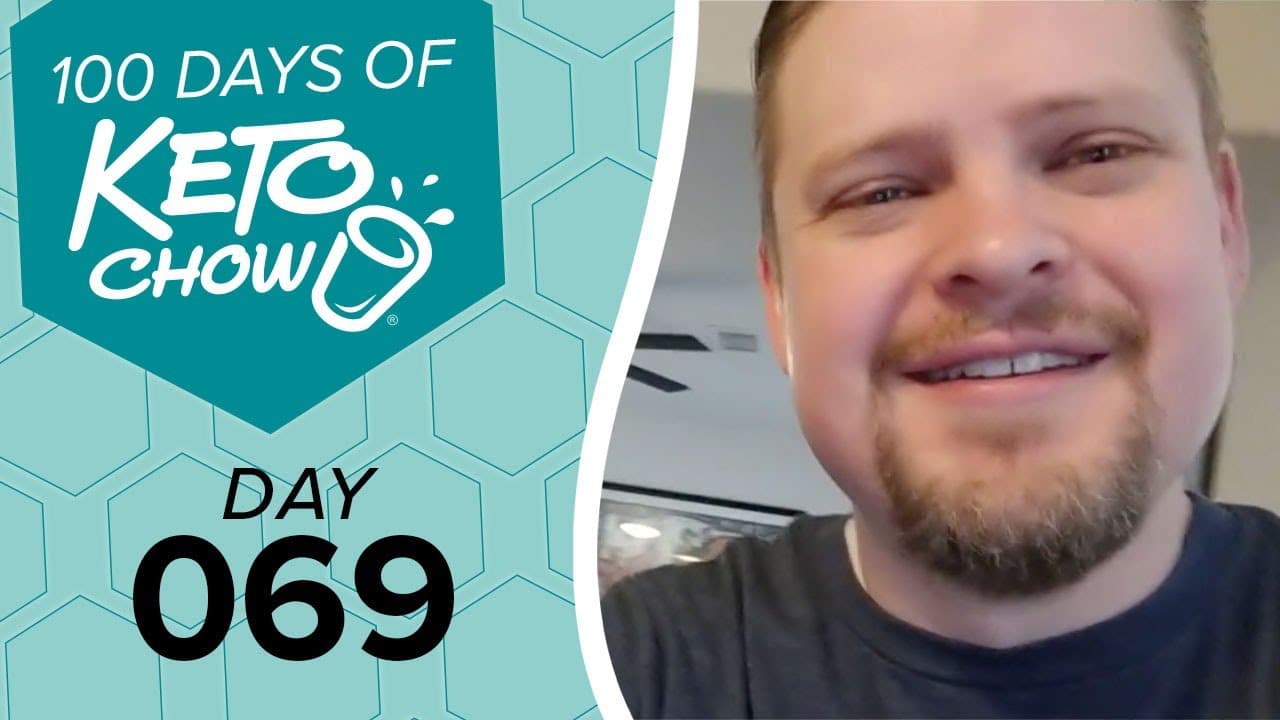 Split image. Left: Teal hexagonal graphic with white Keto Chow logo and text 100 DAYS OF KETO CHOW, DAY 069. Right: Smiling man with a beard.