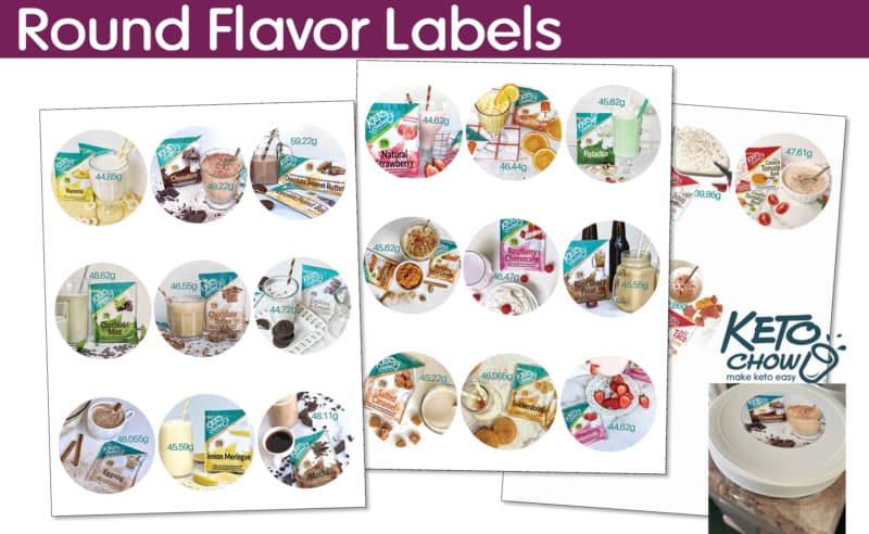 round flavor labels. keto chow. make keto easy