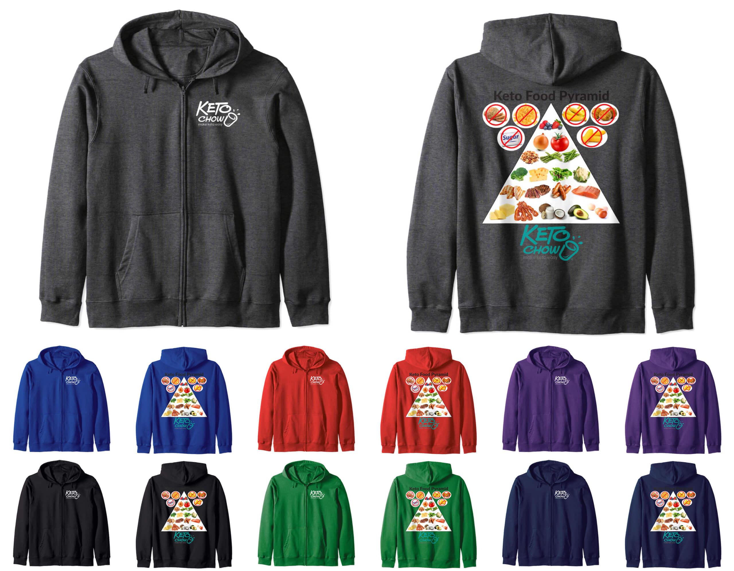 Keto Chow Zip Hoodie front and back images of color options