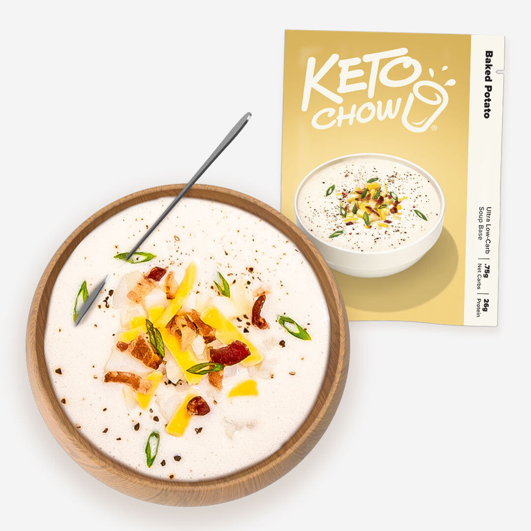 Baked Potato Soup Keto Chow packet and bowl