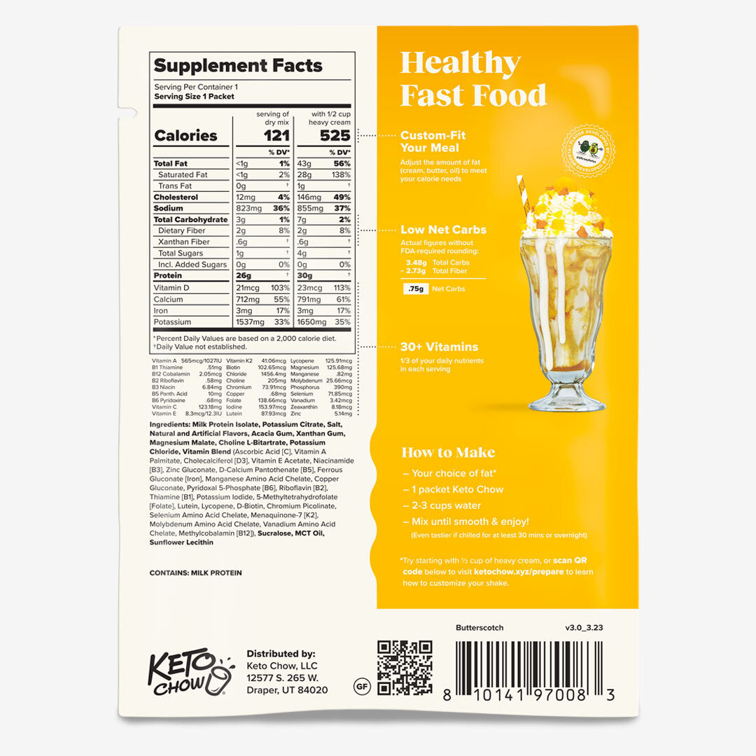 Back of butterscotch Keto Chow package