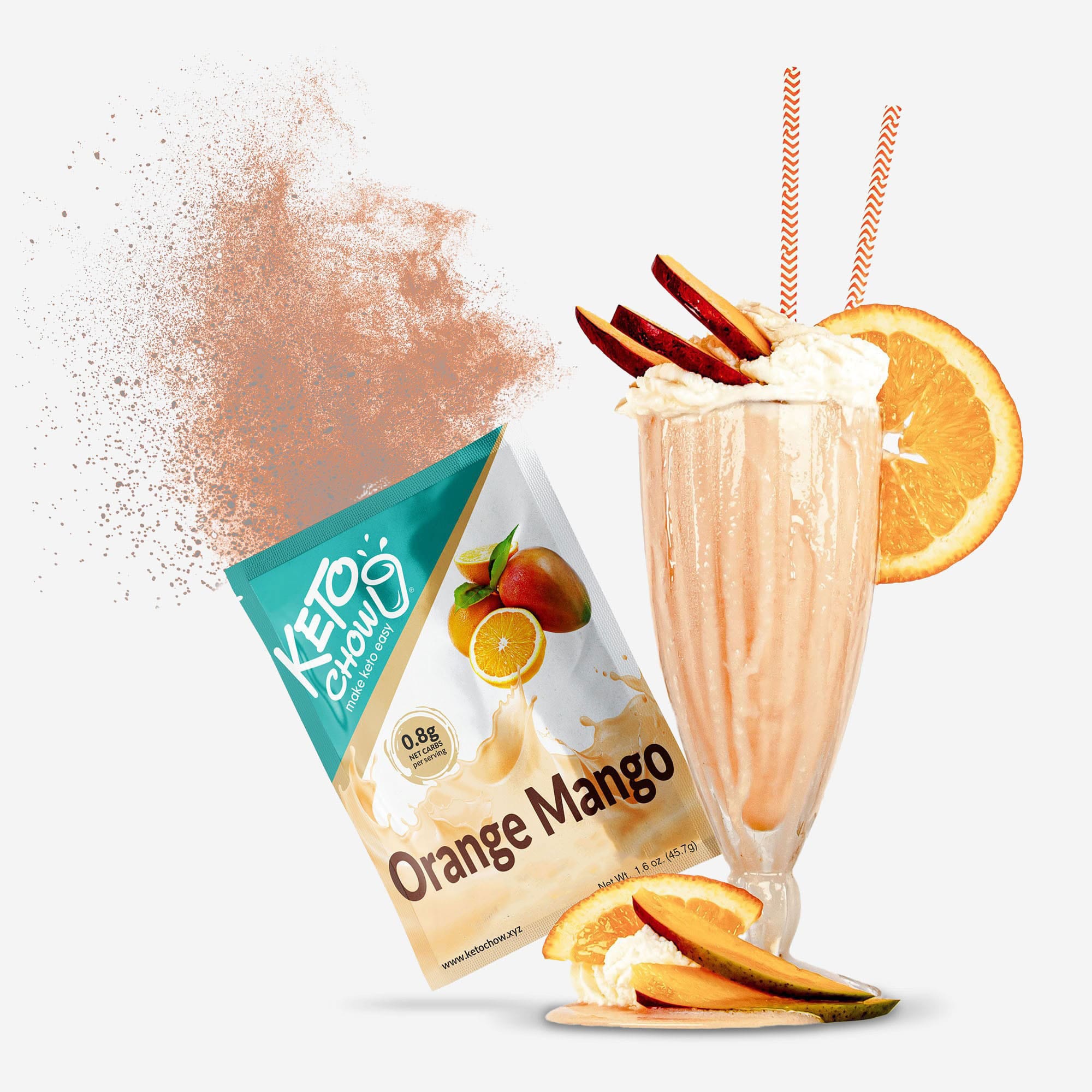 Orange Mango Keto Chow packet and shake