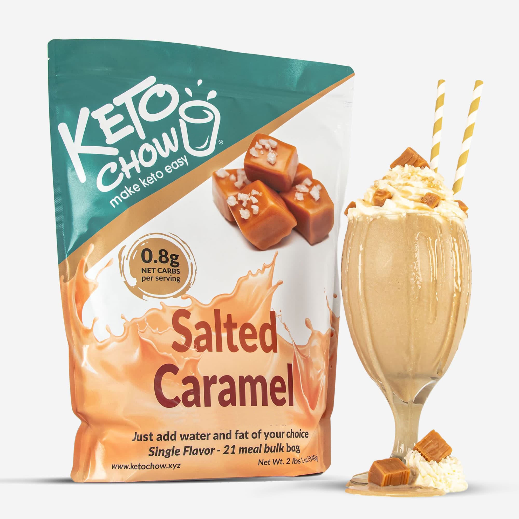 Salted Caramel Keto Chow bulk bag and shake