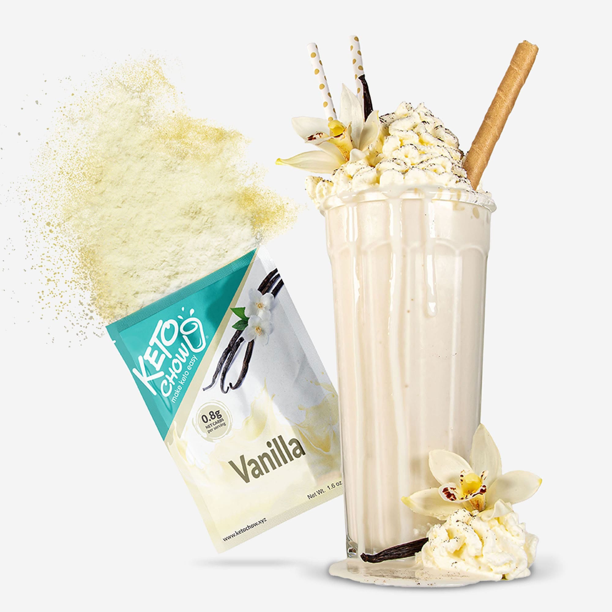 Vanilla Keto Chow packet with shake