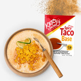 Spicy Taco Soup Keto Chow packet with taco soup in a bowl