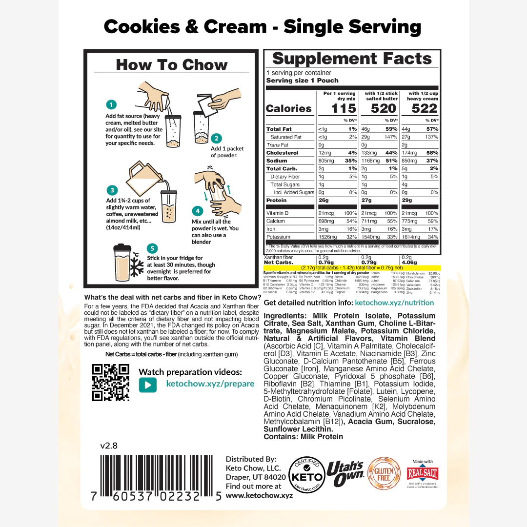 Cookies and Cream Keto Chow package back