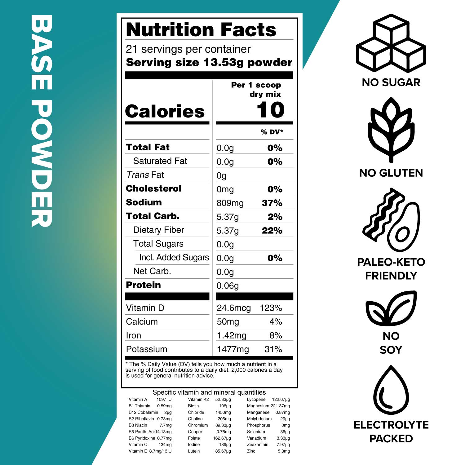 Base powder nutrition label. For more nutritional info visit ketochow.xyz/nutrition